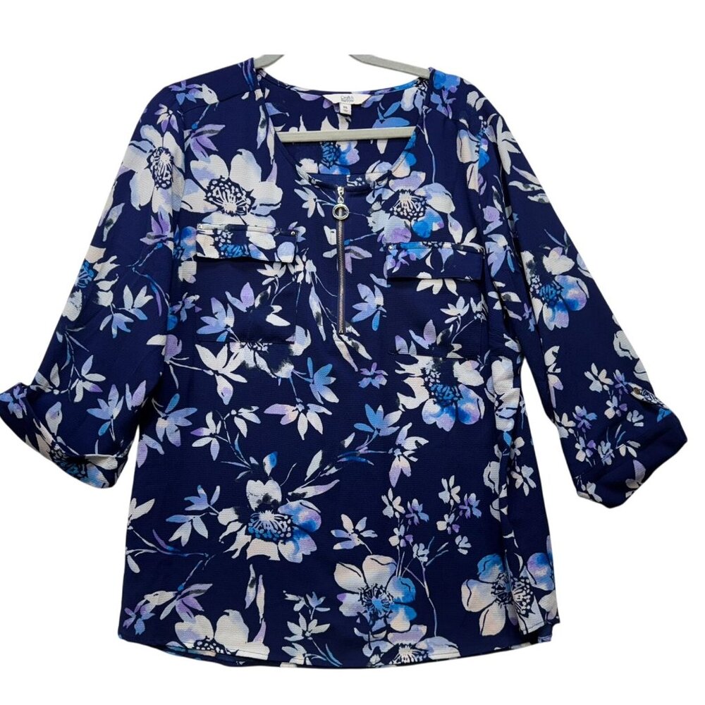 Croft & Barrow Womens Blouse XXL Navy Floral 3/4 Sleeves & Zipper Accent